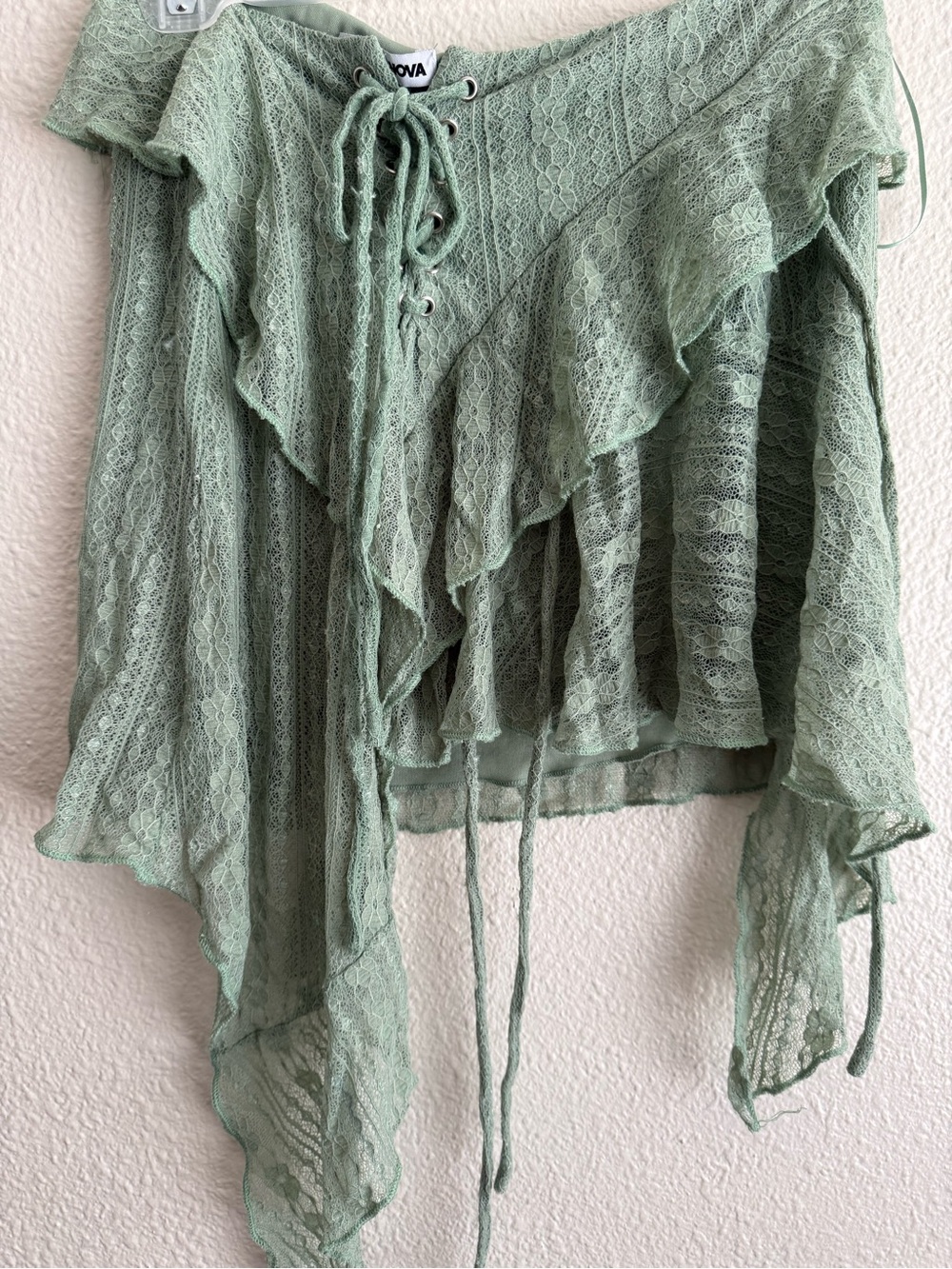 Fashion Nova Sage Green Lace Mini Skirt with Ruffle Detail